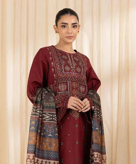 3 PC EMBROIDERED DHANAK SUIT - AB77