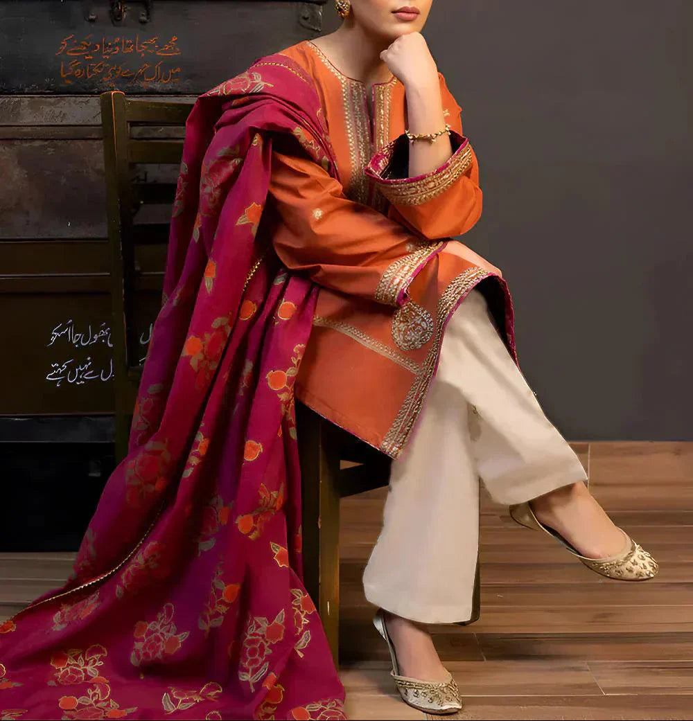 3PC Unstitched Dhanak Embroidered Shirt, AB31