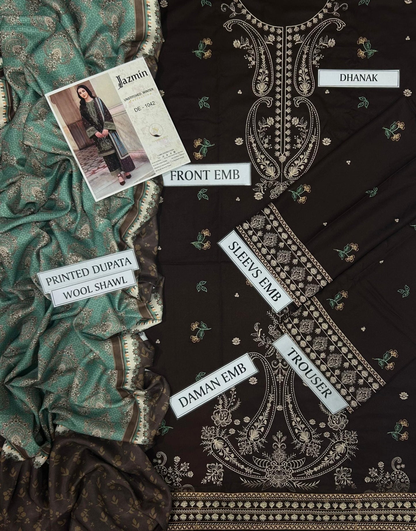 3 PC - EMBROIDERED DHANAK SUIT-AB155