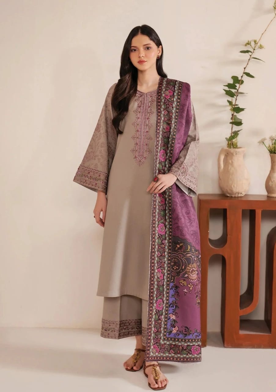 3 PC EMBROIDERED DHANAK SUIT - AB78